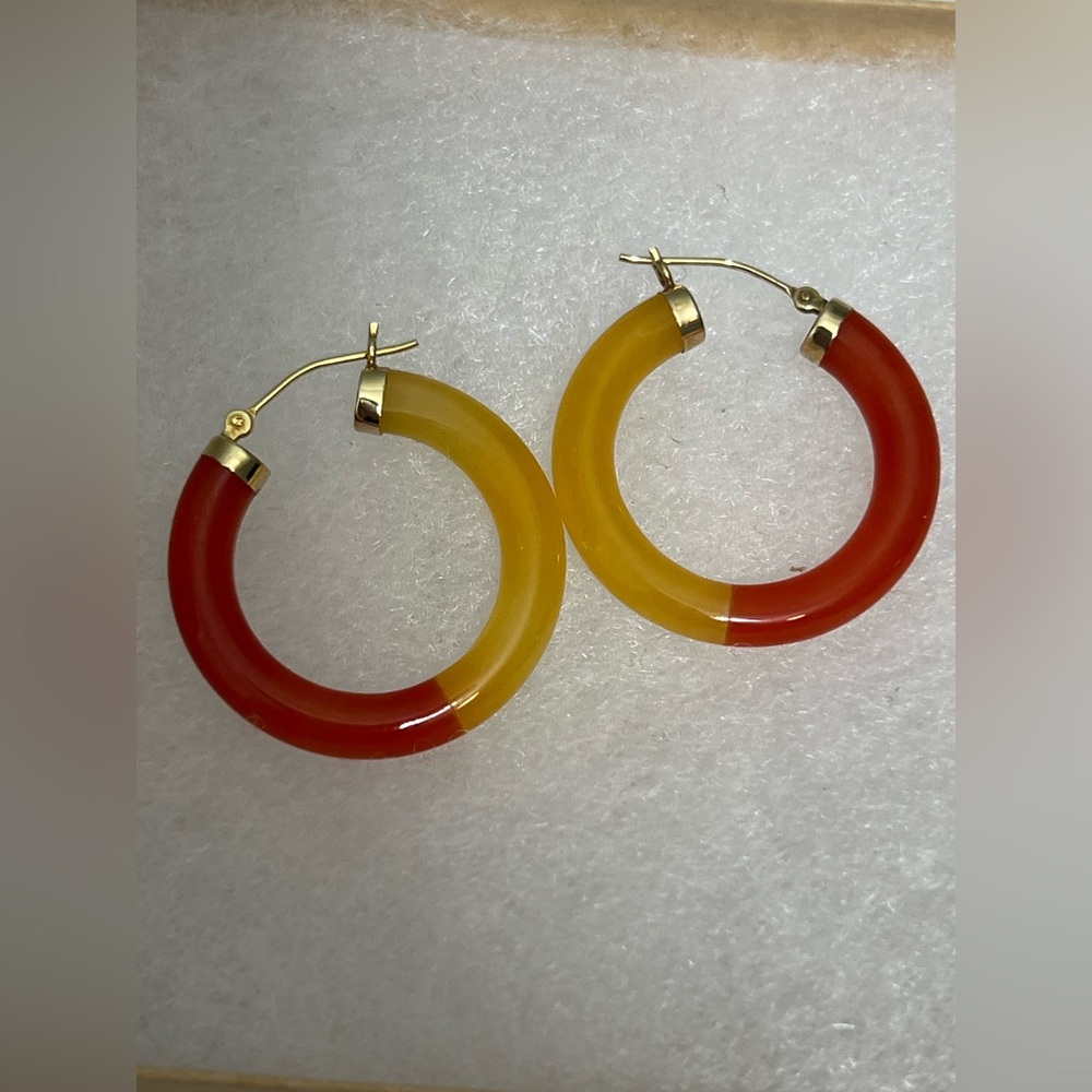 14k Yellow gold Red Yellow orange Jade puffy hoop earrings Vintage